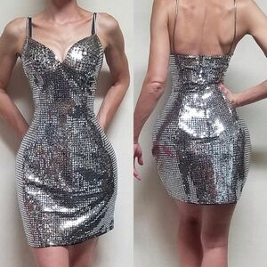 VINTAGE Roberta Silver Disco Ball Sequin Spaghetti Strap V-neck Mini Dress 14